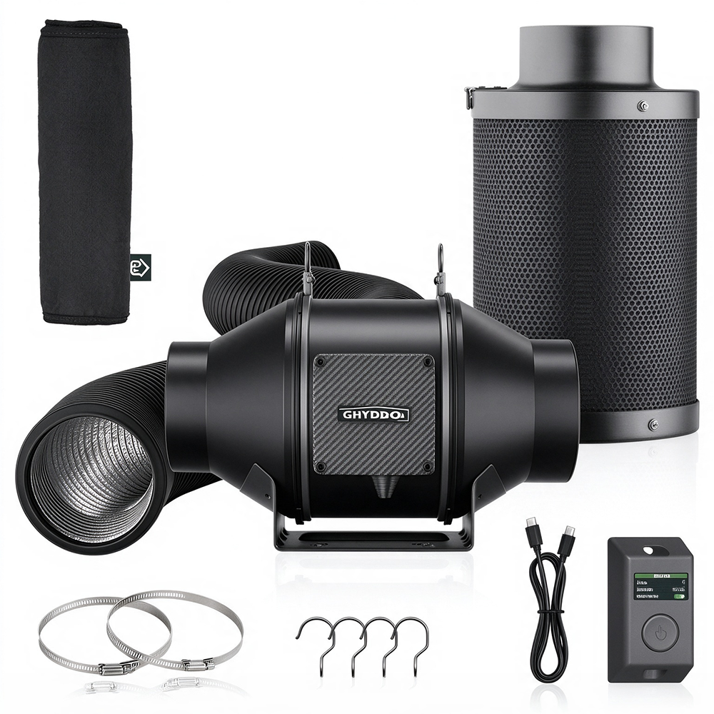 Kit de ventilation avec ventilateur en ligne de 4 pouces pour conduit, ventilateur EC silencieux de 205 CFM avec régulateur de vitesse à écran LCD, filtre à charbon et conduit flexible pour tente de culture hydroponique