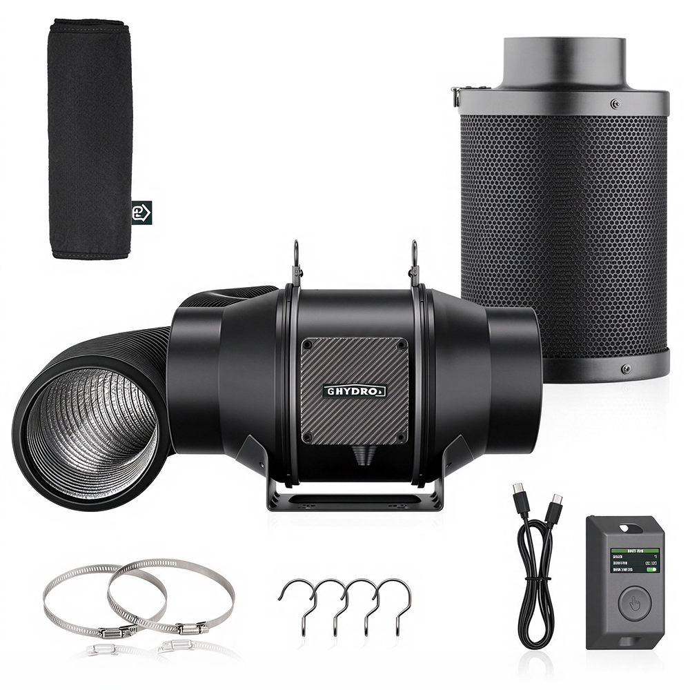 Kit de ventilation avec ventilateur en ligne de 6 pouces, ventilateur EC silencieux de 402 CFM avec régulateur de vitesse à écran LCD, filtre à charbon et conduit flexible pour tente de culture hydroponique